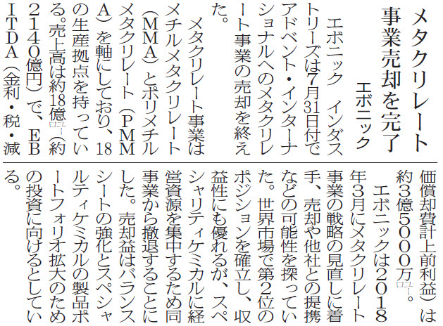 エボニック、メタクリレート事業売却を完了