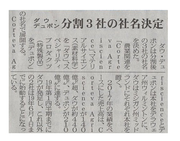 ダウ・デュポン 分割3社の社名決定