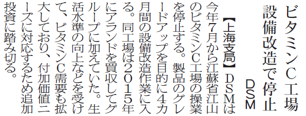 ビタミンC工場設備改造で停止