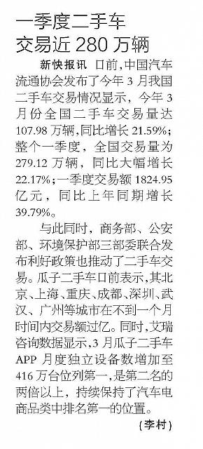 一季度二手车交易近280万辆
