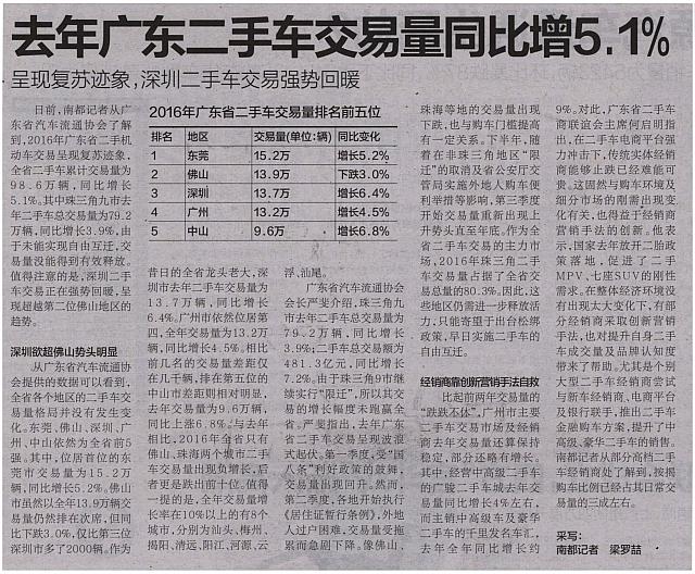 去年广东二手车交易量同比增5.1%