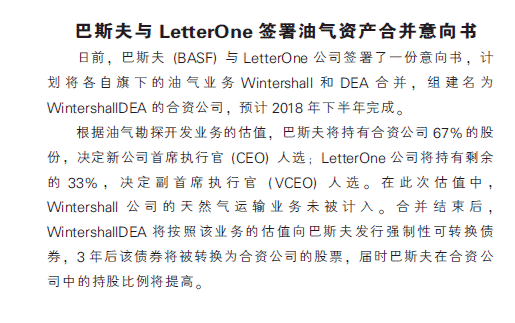 巴斯夫与Letter One签署油气资产合并意向书
