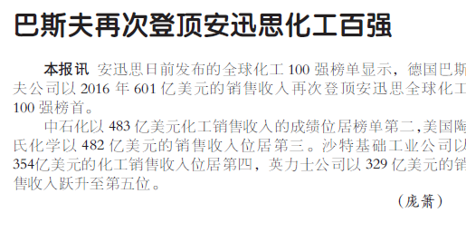 巴斯夫再次登顶安迅思化工百强