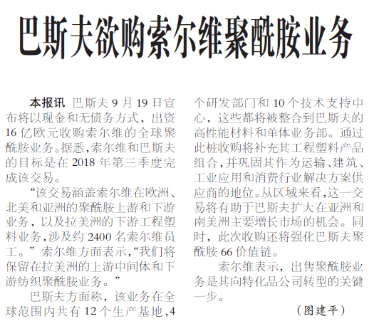 巴斯夫欲购索尔维聚酰胺业务