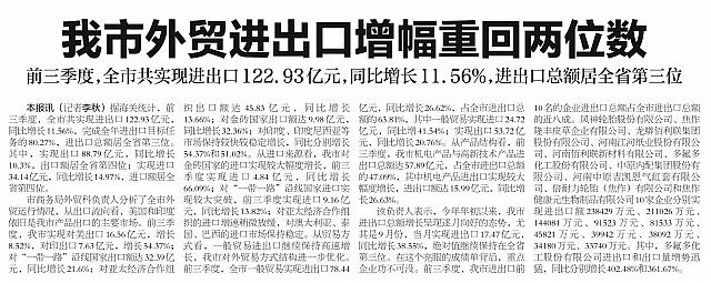我市外贸进出口增幅重回两位数