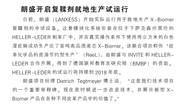朗盛开启复鞣剂就地生产试运行