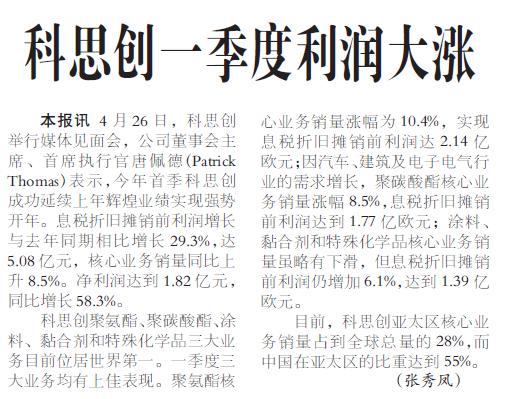 科思创一季度利润大涨