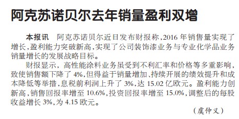 阿克苏诺贝尔去年销量盈利双增