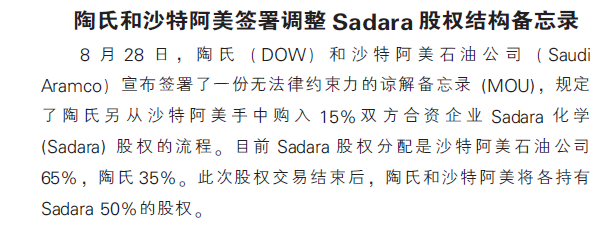 陶氏和沙特阿美签署调整Sadara股权结构备忘录