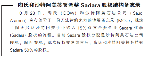 陶氏和沙特阿美签署调整Sadara股权结构备忘录