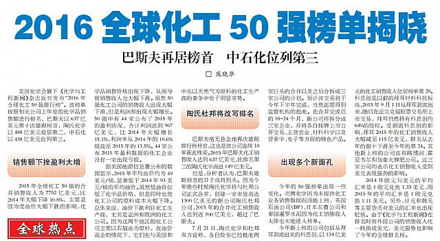 2016全球化工50强榜单揭晓