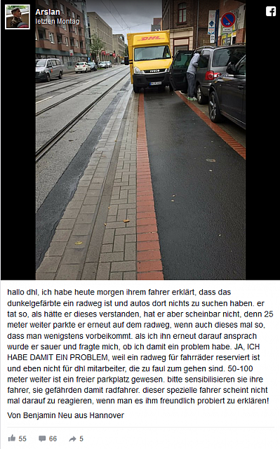 2017-09-18 05 51 55-DHL-Wagen auf Radweg geparkt Beschwerde geht nach hinten los - Sputnik Deutschl