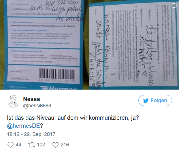 2017-10-01 09 13 42-Hermes-Fahrer kann Paket nicht abliefern – und schreibt auf den Zettel „Wo soll