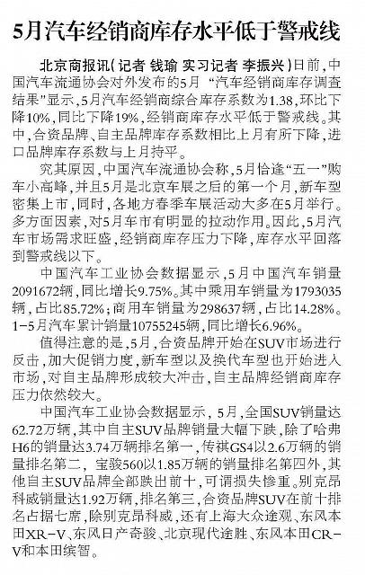 5月汽车经销商库存水平低于警戒线