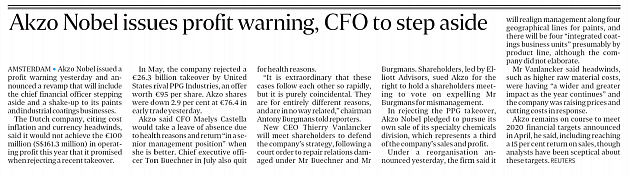 Akzo Nobel issues profit warning, CFO to step aside