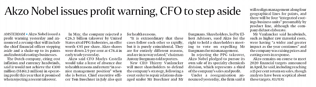 Akzo Nobel issues profit warning, CFO to step aside