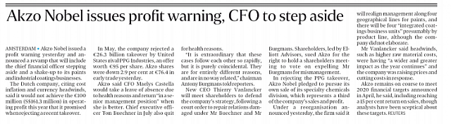 Akzo Nobel issues profit warning, CFO to step aside