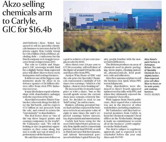 Akzo selling chemicals arm to Carlyle, GIC for SGD 16.4 billion