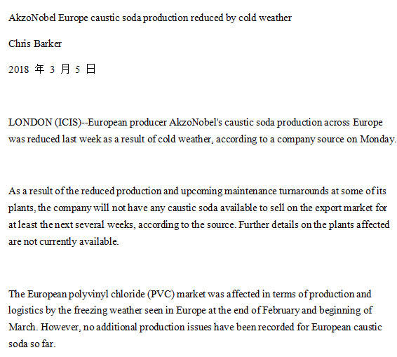 AkzoNobel Europe caustic soda production reduced by cold weather