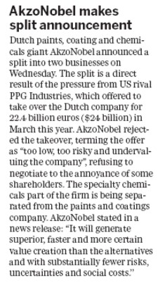 AkzoNobel makes split announcement