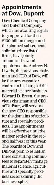 Appointments at Dow, Dupont