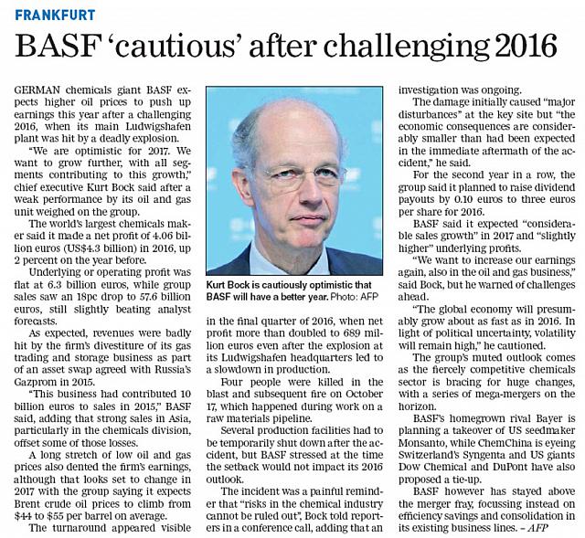 BASF ‘cautious’ after challenging 2016