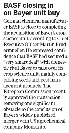 BASF closing in on Bayer unit buy