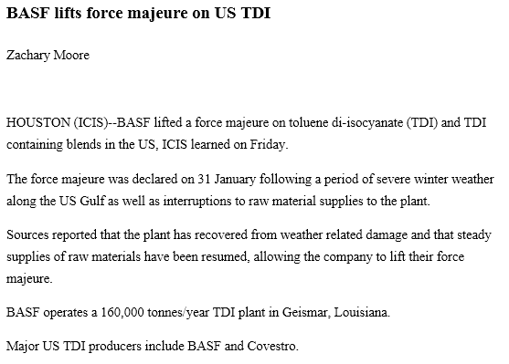 BASF lifts force majeure on US TDI