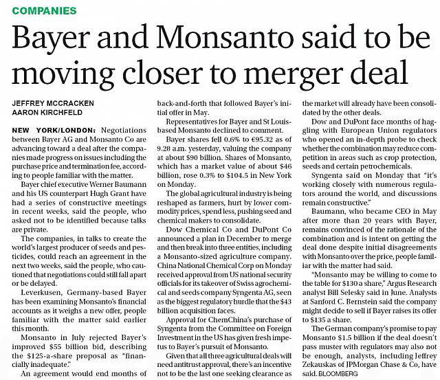 Bayer and Monsanto said to be moving closer to merger deal