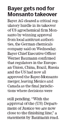 Bayer gets nod for Monsanto takeover
