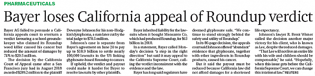 Bayer loses California appeal of Roundup verdict