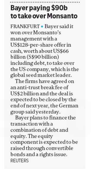 Bayer paying SGD 90b to take over Monsanto