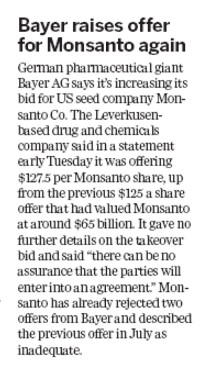Bayer raises offer for Monsanto again