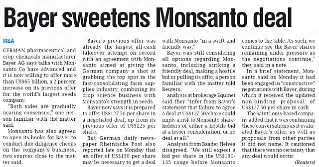 Bayer sweetens Monsanto deal