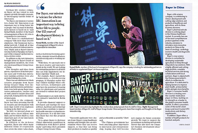 Bayer uses innovation to improve lifestyles in China