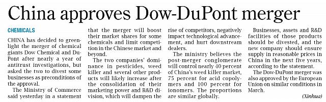 China approves Dow-DuPont merger