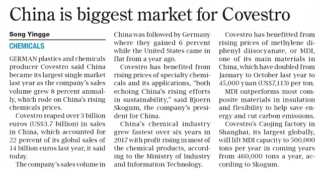 China is biggest market for Covestro