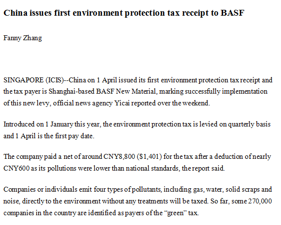 China issues first environment protection tax receipt to BASF