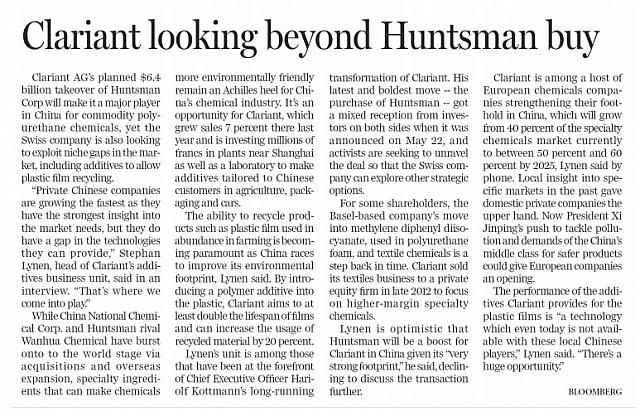 Clariant looking beyond Huntsman buy