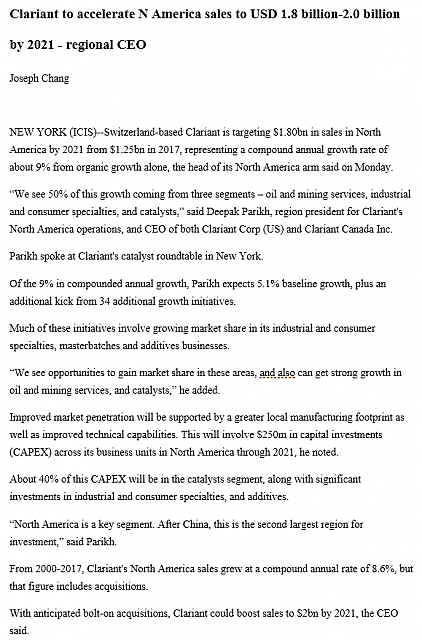Clariant to accelerate N America sales to USD 1.8 billion-2.0 billion by 2021 - regional CEO1