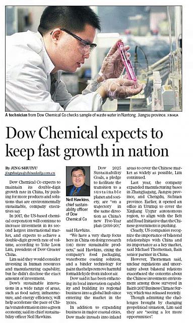 Dow Chemical expects to keep fast growth in nation