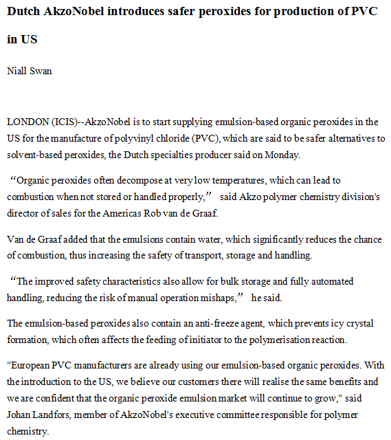 Dutch AkzoNobel introduces safer peroxides fo