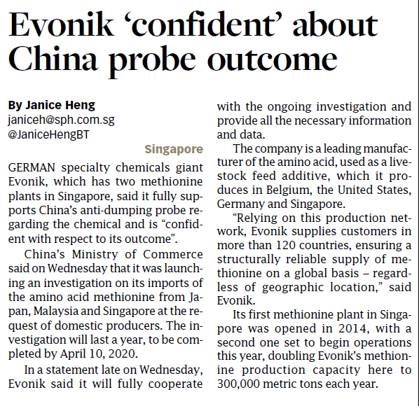 Evonik 'confident' about China probe outcome