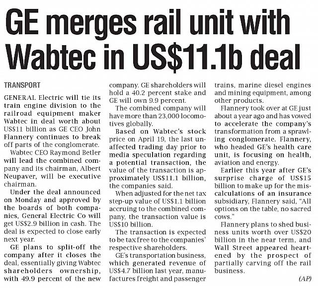 GE merges rail unit with Wabtec in US$11.1b deal