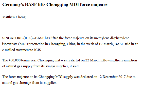 Germany's BASF lifts Chongqing MDI force majeure