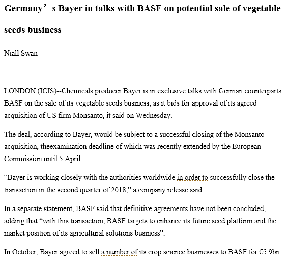 Germany’s Bayer in talks with BASF on potential sale of vegetable seeds business