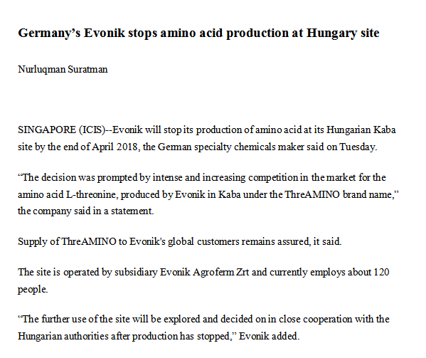 Germany’s Evonik stops amino acid production at Hungary site