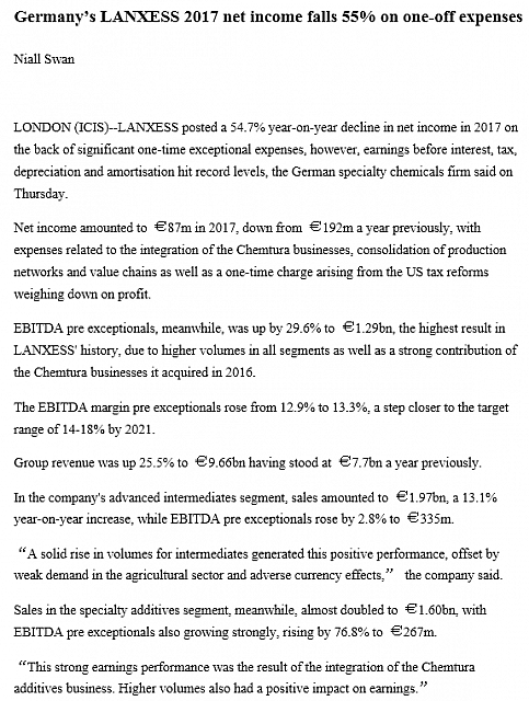 Germany’s LANXESS 2017 net income falls 55% on one-off expenses1