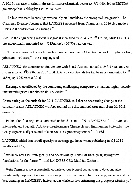 Germany’s LANXESS 2017 net income falls 55% on one-off expenses2