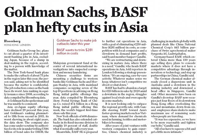 Goldman Sachs, BASF plan hefty cuts in Asia